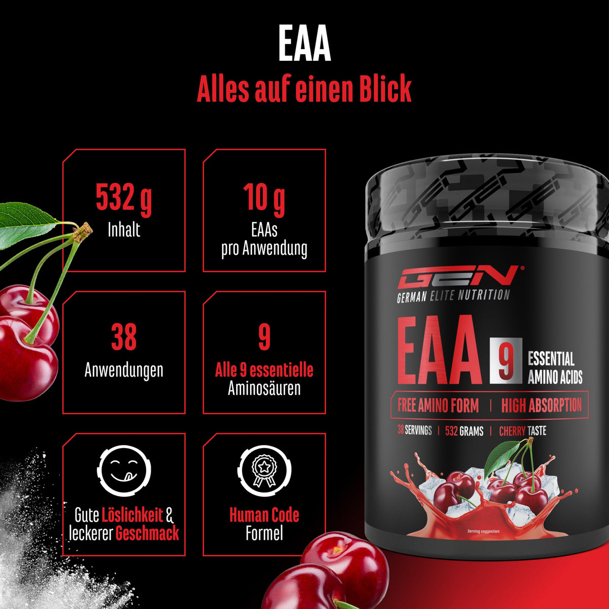 Gen German Elite Nutrition EAA Powder - 532 g - 9 Essential Amino Acids | Cherry - Human Code Formula - Includes Histidine & BCAA - 10 g EAA per Serving - Laboratory Tested