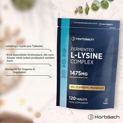 Horbaach L-Lysine High Dose Tablets 1475 mg | Pack of 120 Vegan | Pure L Lysine from L-Lysine HCl | From Vegetable Fermentation | Lysine Essential Amino Acids | by Horbaach