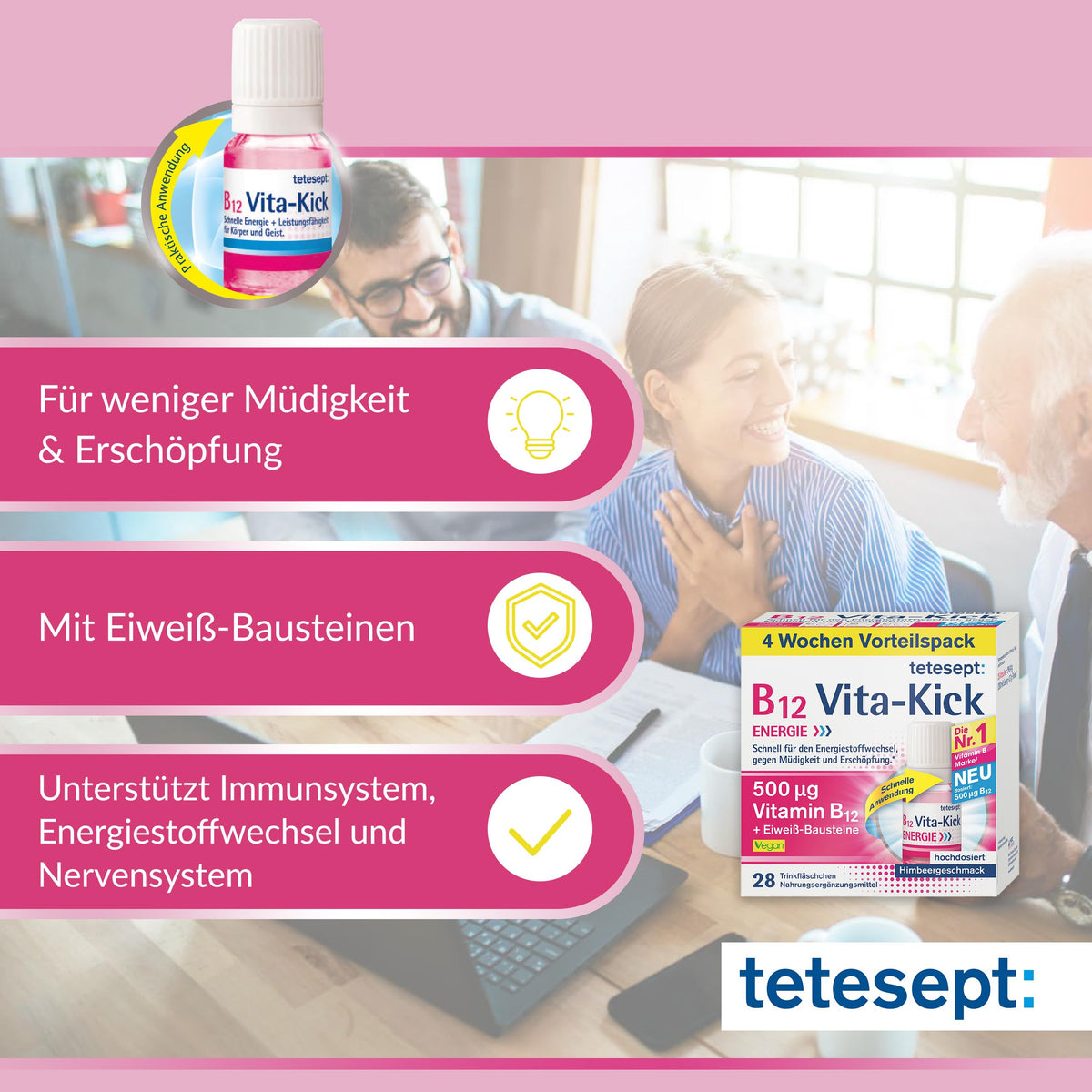 Tetesept B12 Vita-Kick Drinking Pads - Nutritional Supplements for Fast Energy & Performance - Vitamin B12 Ampoules with Protein Building Blocks - Monthly Pack à 28 Drinking Walls