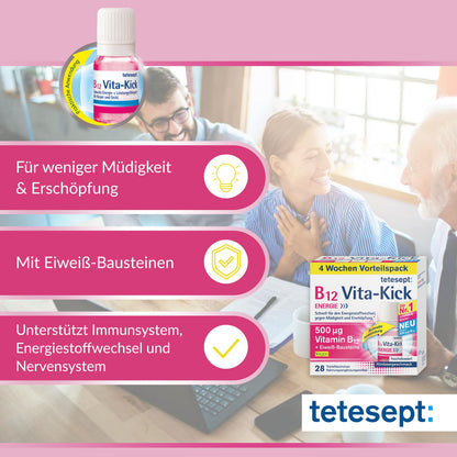 Tetesept B12 Vita-Kick Drinking Pads - Nutritional Supplements for Fast Energy & Performance - Vitamin B12 Ampoules with Protein Building Blocks - Monthly Pack à 28 Drinking Walls