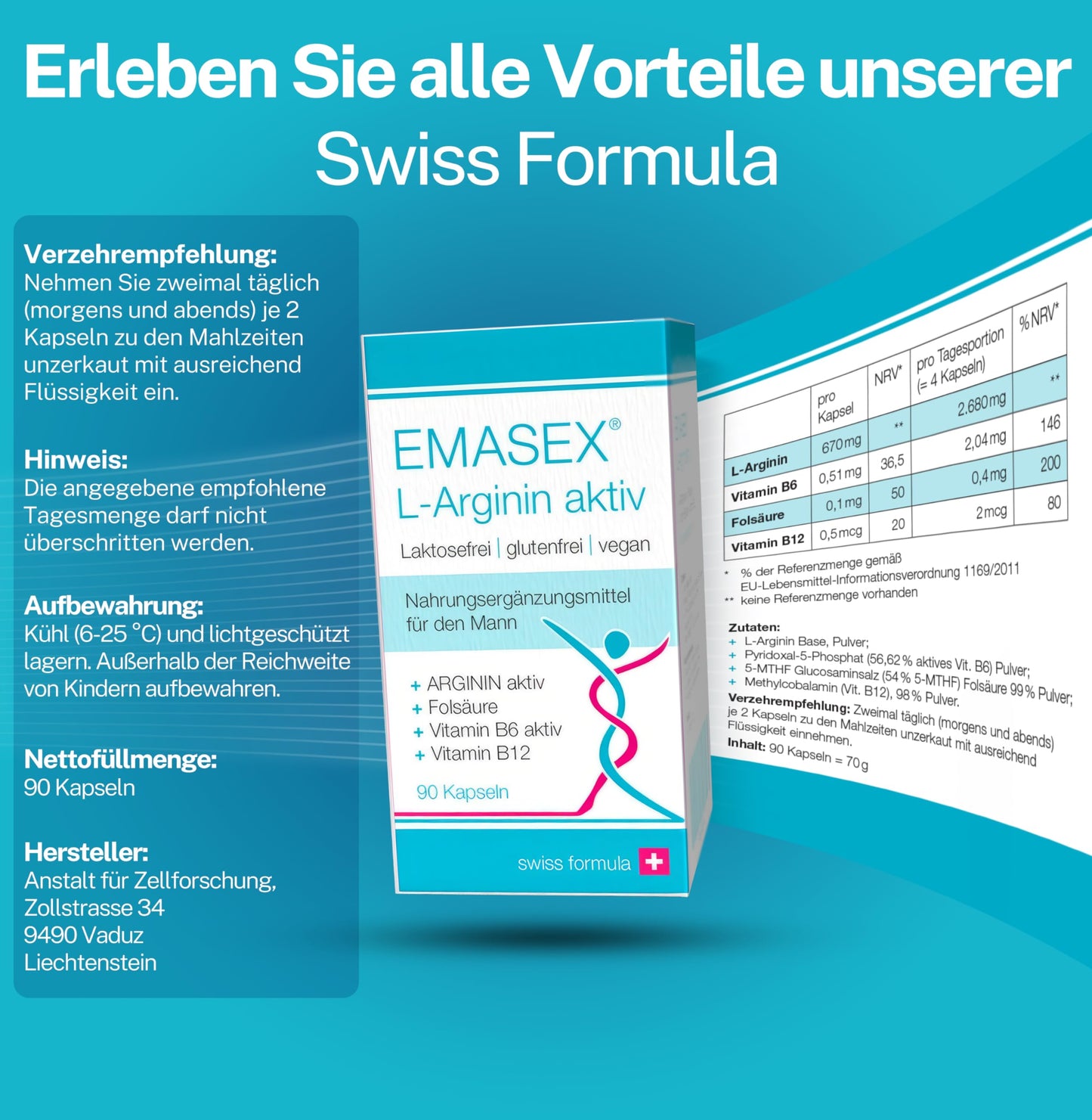 EMASEX L-Arginine Bioactive 2680 mg - High Dose with B6, B12 & Folic Acid - Swiss Formula for Men - Vegan, Blood Circulation & Vitality - 90 Capsules