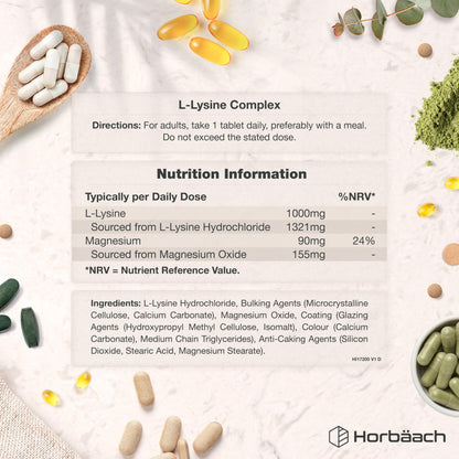 Horbaach L-Lysine High Dose Tablets 1475 mg | Pack of 120 Vegan | Pure L Lysine from L-Lysine HCl | From Vegetable Fermentation | Lysine Essential Amino Acids | by Horbaach