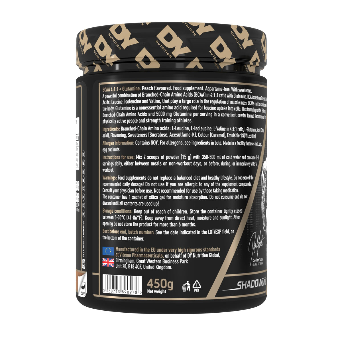 DY Nutrition Hit BCAA 4:1:1 + Glutamine (450g) Peach Amino Acids Amino Acid Mix