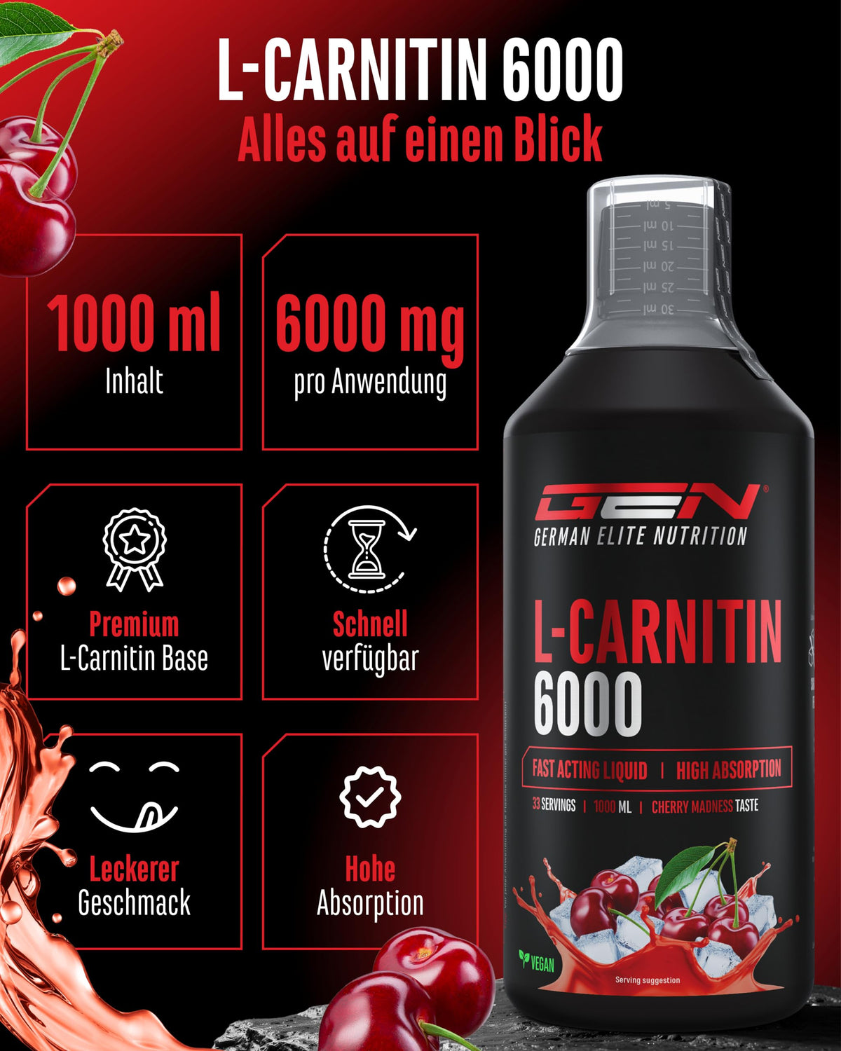 Gen German Elite Nutrition L-Carnitine 6000 Liquid - 1000 ml | Cherry Madness flavour - extra high dose with 6000 mg pure L-carnitine per daily serving - amino workout drink - vegan