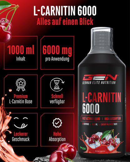 Gen German Elite Nutrition L-Carnitine 6000 Liquid - 1000 ml | Cherry Madness flavour - extra high dose with 6000 mg pure L-carnitine per daily serving - amino workout drink - vegan