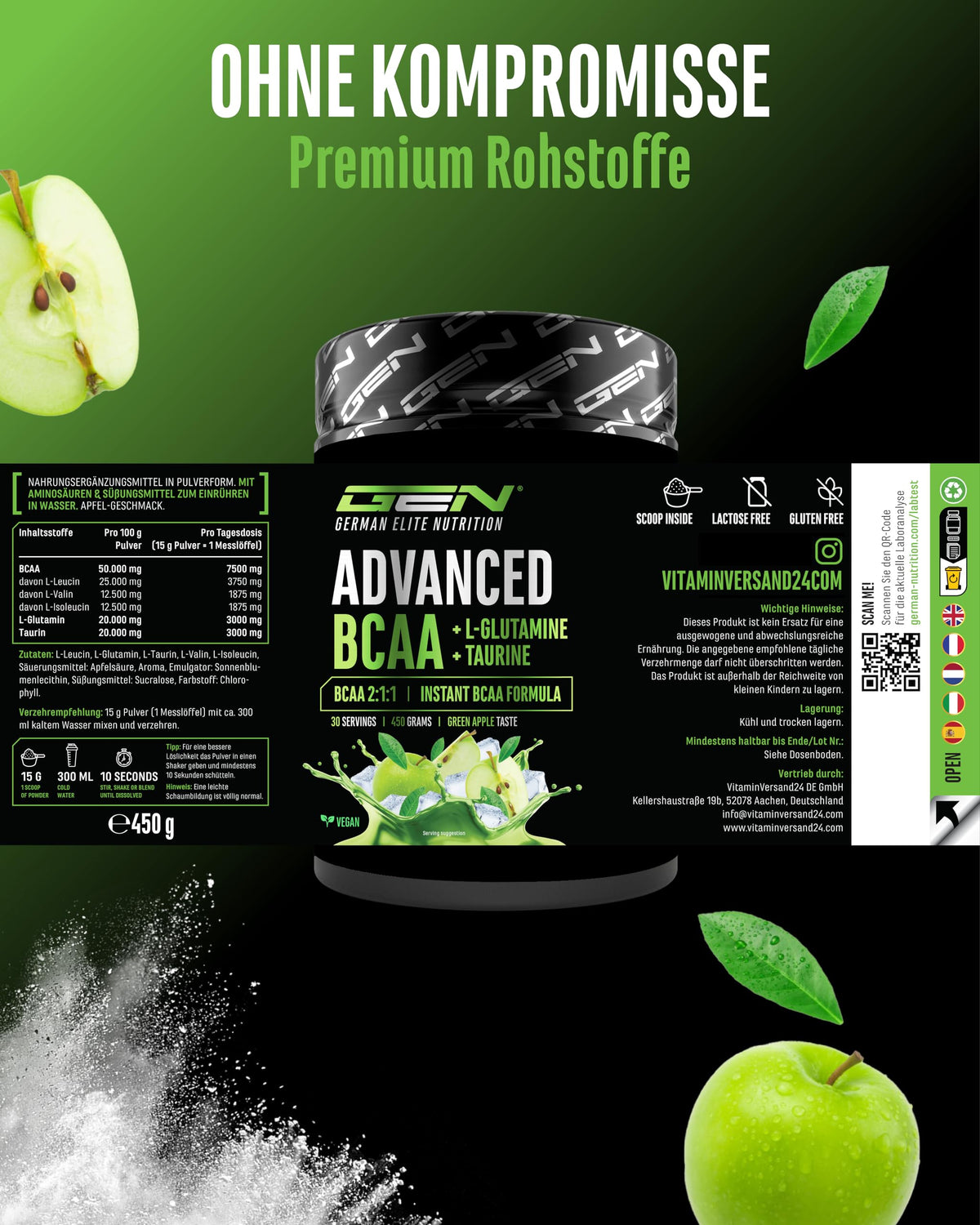 Gen German Elite Nutrition Advanced BCAA Powder 450 g - 2:1:1 BCAA | Taurine & Glutamine, Sweet Apple, 13,500 mg Amino Acids Per Serving, Instant Soluble, Vegan, 30 Servings