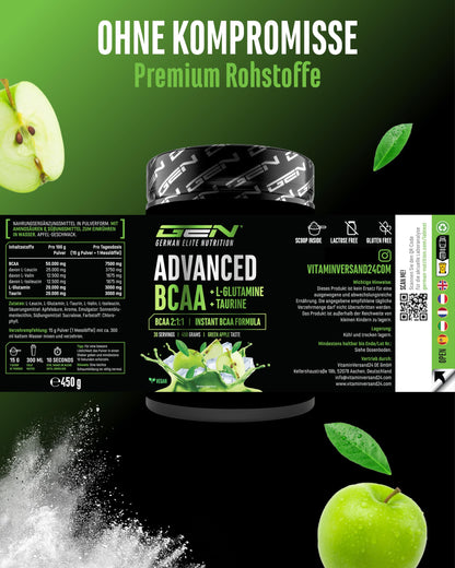 Gen German Elite Nutrition Advanced BCAA Powder 450 g - 2:1:1 BCAA | Taurine & Glutamine, Sweet Apple, 13,500 mg Amino Acids Per Serving, Instant Soluble, Vegan, 30 Servings
