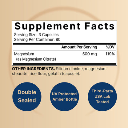 Magnesium Citrate 500mg, 240 Capsules (Citrato de Magnesio) | High Purity Elemental NatureBellBuy Supplements Australia