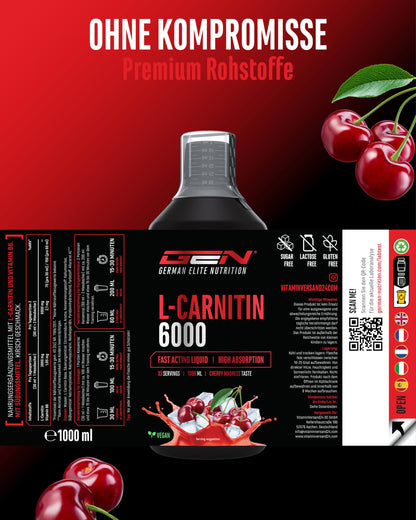 Gen German Elite Nutrition L-Carnitine 6000 Liquid - 1000 ml | Cherry Madness flavour - extra high dose with 6000 mg pure L-carnitine per daily serving - amino workout drink - vegan