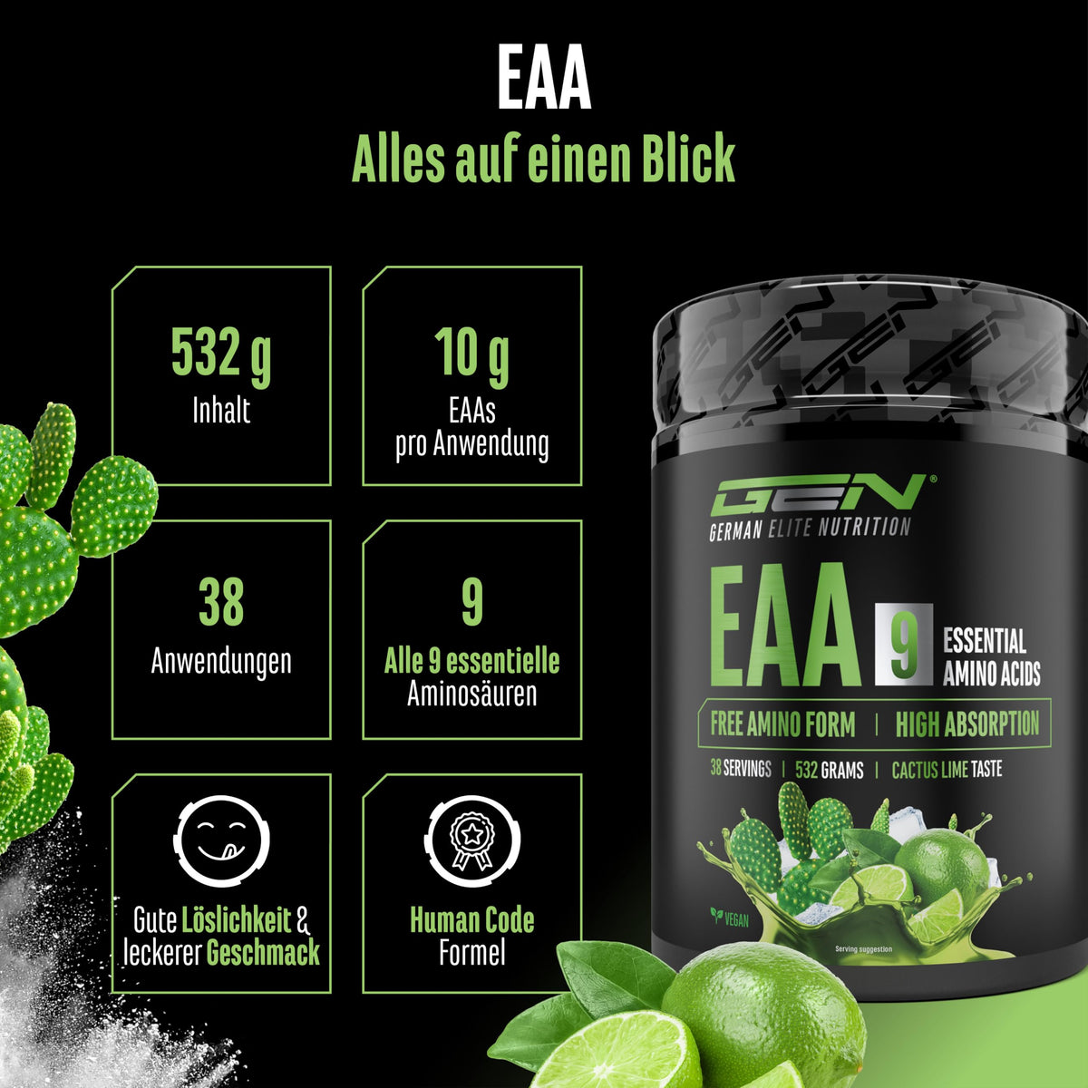 Buy ​Gen German Elite Nutrition EAA Powder - 532 g - 9 Essential Amino Acids | Cactus Lime, Human Code Formula, incl. Histidine & BCAA, 10 g EAA per serving, laboratory tested, vegan - OmniHealthRx Usa supplements