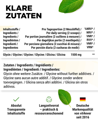 vit4ever Glycine Pure - 1000 g Powder - Naturally Sweet | Optimal dosage including measuring spoon, bioactive L-shape (L-glycine), without additives, laboratory tested, vegan