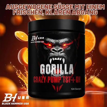 Gorilla Crazy Pump + TST+GH Pre Workout - Muscle Pump, Energy & Strength Support - Black Hammer USA (620 g, Orange)