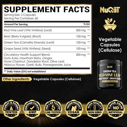 Red Vine Leaf Extract 15000mg Beet Root 3000mg Organic Green Tea 3000mg Supplement & More - Support Heart Health, Strength, Immune System & Body Management - 120 Vegan Capsules for 2-Month Supply NUQIITBuy Supplements Australia