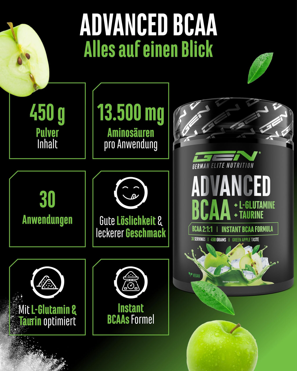 Gen German Elite Nutrition Advanced BCAA Powder 450 g - 2:1:1 BCAA | Taurine & Glutamine, Sweet Apple, 13,500 mg Amino Acids Per Serving, Instant Soluble, Vegan, 30 Servings