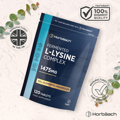 Horbaach L-Lysine High Dose Tablets 1475 mg | Pack of 120 Vegan | Pure L Lysine from L-Lysine HCl | From Vegetable Fermentation | Lysine Essential Amino Acids | by Horbaach