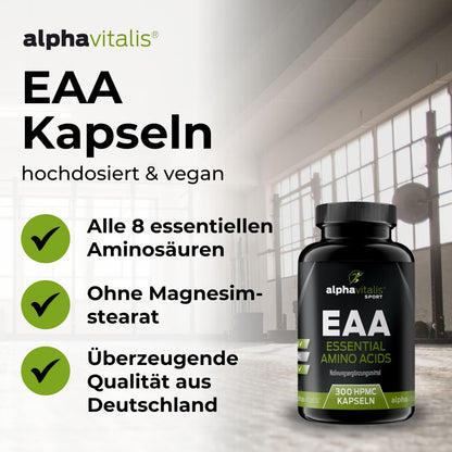 EAA Vegan Capsules - 8 Essential Amino Acids Including BCAA - Pack of 300 | MAP8 Multi Amino Pattern Code - optimally dosed, made from vegetable fermentation and without magnesium stearate