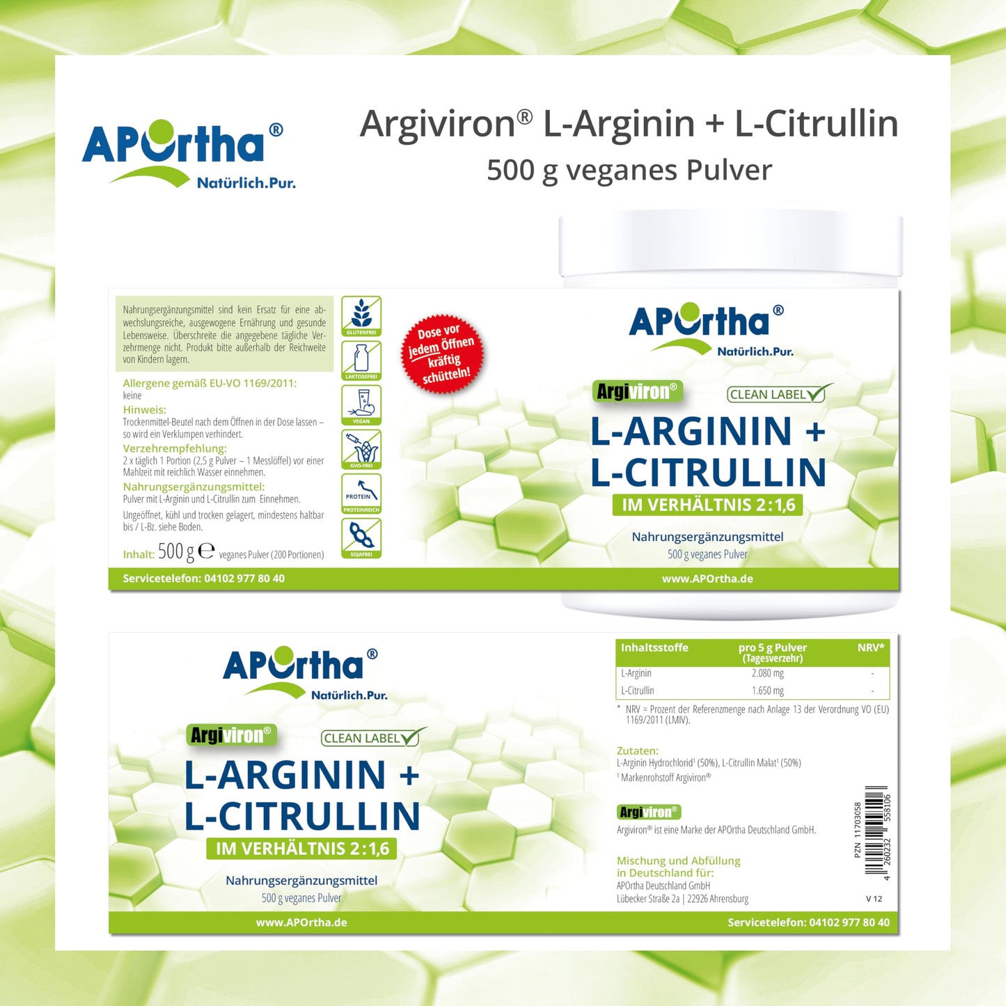 Aportha L-Arginine/L-Citrulline: 1.6 – 500g Powder | High dose in the ratio of 2 to 1.6 of L-arginine to L-citrulline, allergen-free, lactose-free and gluten-free