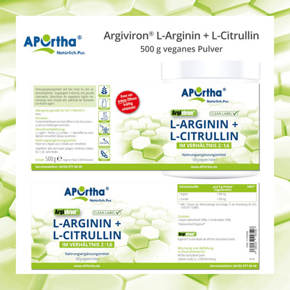 Aportha L-Arginine/L-Citrulline: 1.6 – 500g Powder | High dose in the ratio of 2 to 1.6 of L-arginine to L-citrulline, allergen-free, lactose-free and gluten-free