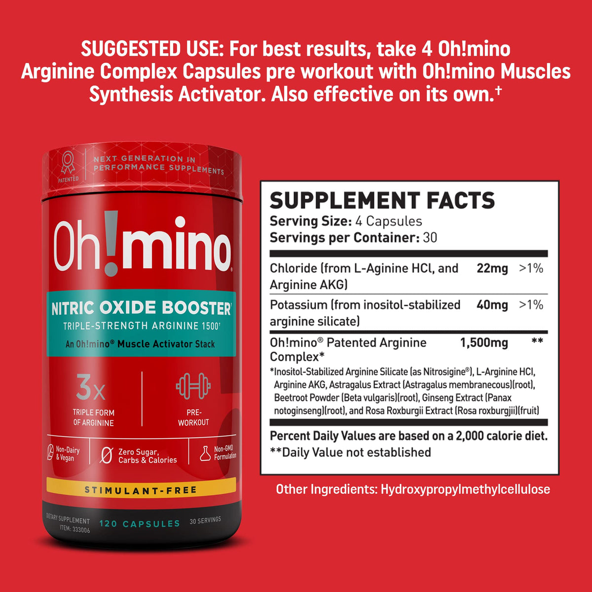 Oh!mino Nitric Oxide Supplement Activator Booster, Triple Strength L-Arginine for Energy, Endurance, Muscle Growth Builder, Pre Post Workout Pills - Natural Beet Root Powder, 30 Servings 120 Capsules