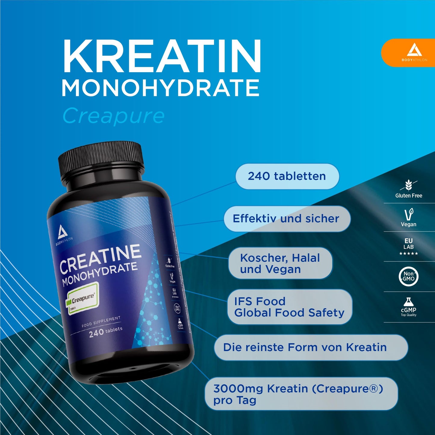 Creatine Creapure 240 Tablets | Creatine Monohydrate Pure Creapure Creatine 3000 mg | Gluten Free, Vegan, Tasteless | 240 Creatine Capsules Monohydrate Creapure | Bodyathlon