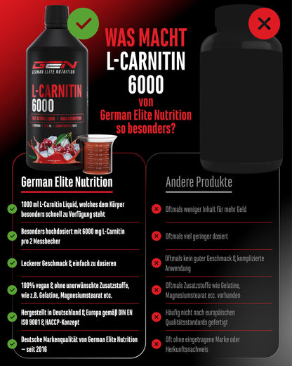 Gen German Elite Nutrition L-Carnitine 6000 Liquid - 1000 ml | Cherry Madness flavour - extra high dose with 6000 mg pure L-carnitine per daily serving - amino workout drink - vegan