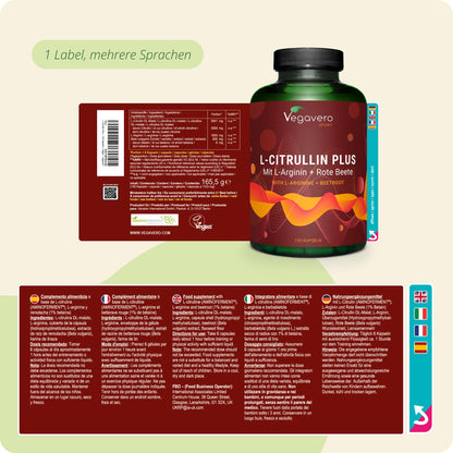 Vegavero L-Citrulline Malate - with L-Arginine & Beetroot - 2000 mg Citrulline per Daily Dose - Vegan & High Dose - Pre Workout - No Additives, Laboratory Tested - 150 Capsules