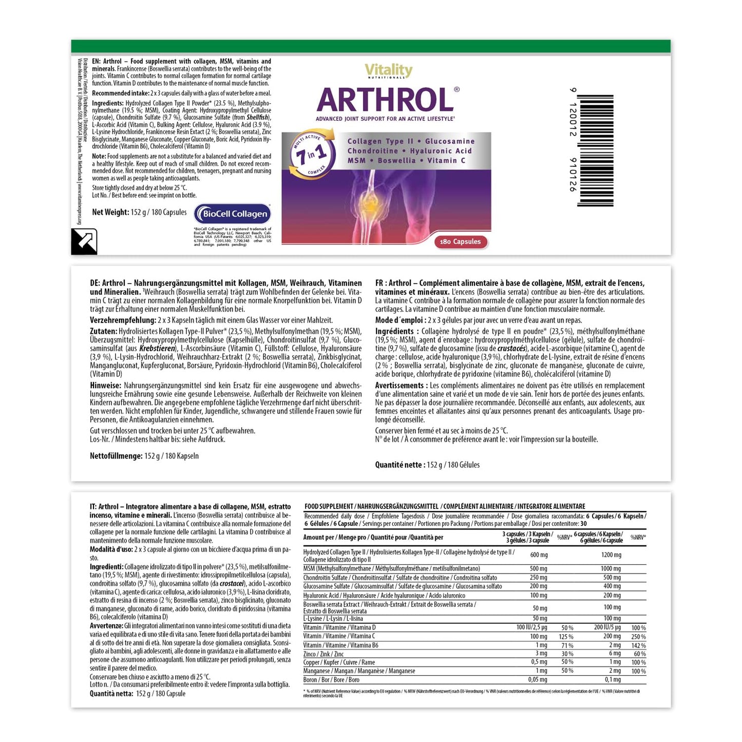 ARTHROL Joint Capsules High Dose with MSM, Collagen, Glucosamine, Hyaluronic without Additives, 180 Capsules, Joint Pain, Cartilage Building, Amino Acids I Vitality Nutritionals by VitaminExpress