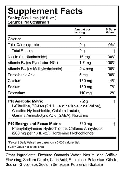 P10 Performance Sugar-Free Pre Workout Drink - 12-Pack, Fruit Blast, 12oz Cans - Energy & Focus, BCAAs & Creatine - 200mg of Caffeine