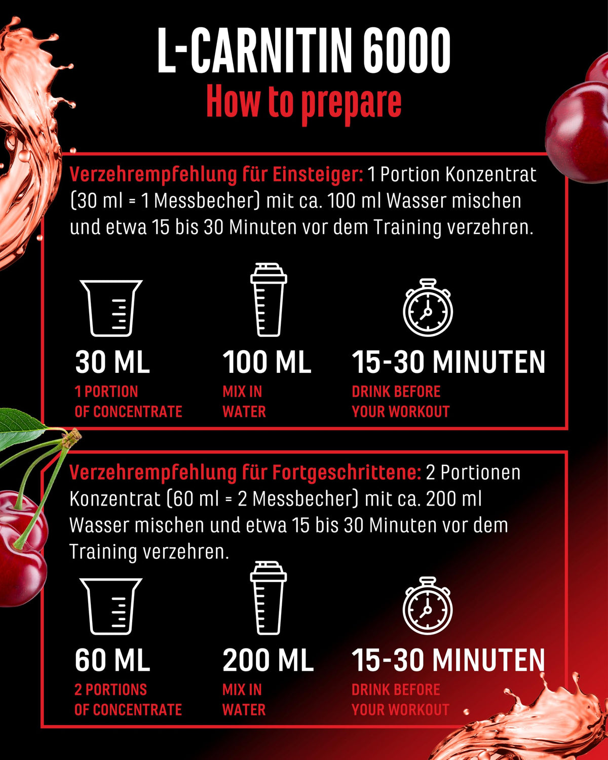 Gen German Elite Nutrition L-Carnitine 6000 Liquid - 1000 ml | Cherry Madness flavour - extra high dose with 6000 mg pure L-carnitine per daily serving - amino workout drink - vegan