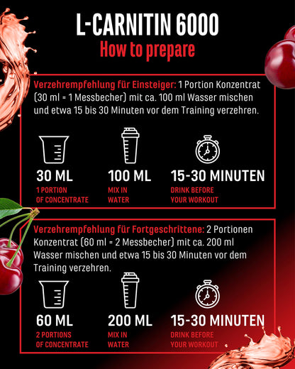 Gen German Elite Nutrition L-Carnitine 6000 Liquid - 1000 ml | Cherry Madness flavour - extra high dose with 6000 mg pure L-carnitine per daily serving - amino workout drink - vegan