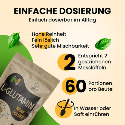 L-Glutamine Powder, 360 g, Pure Amino Acid Powder, 60 Servings, Tasteless, Premium Quality, Includes Dosing Spoon