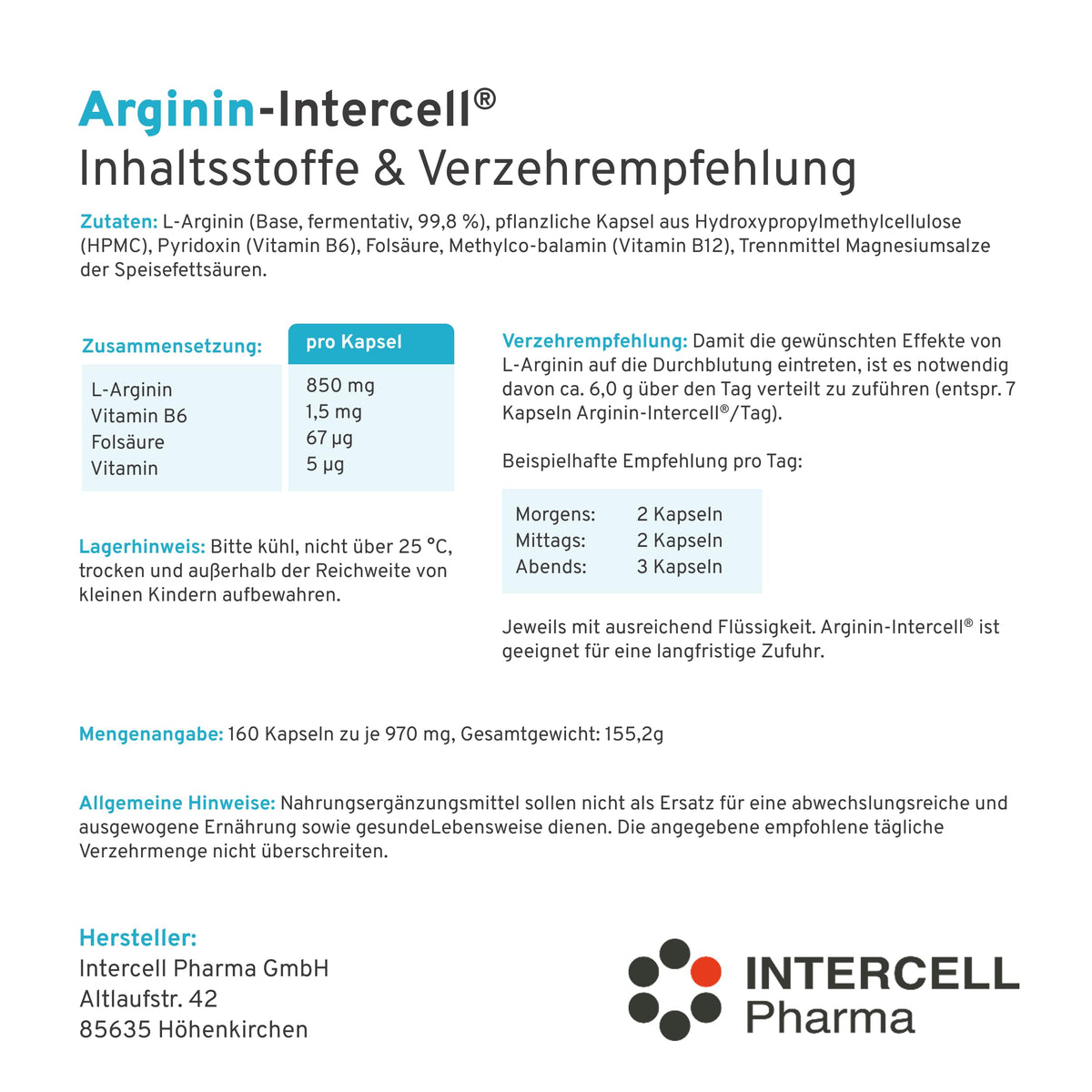 Arginine Intercell (160 Capsules) - Pure L-Arginine Base from Vegetable Fermentation (99.8%) - High Dose for Diet Management for Atherosclerosis & Hypertension - With B6, B12 & Folic Acid - Vegan