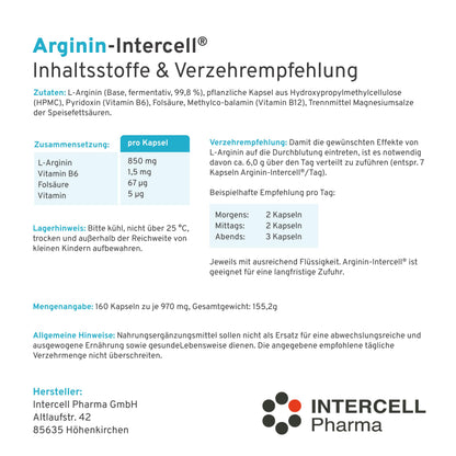 Arginine Intercell (160 Capsules) - Pure L-Arginine Base from Vegetable Fermentation (99.8%) - High Dose for Diet Management for Atherosclerosis & Hypertension - With B6, B12 & Folic Acid - Vegan