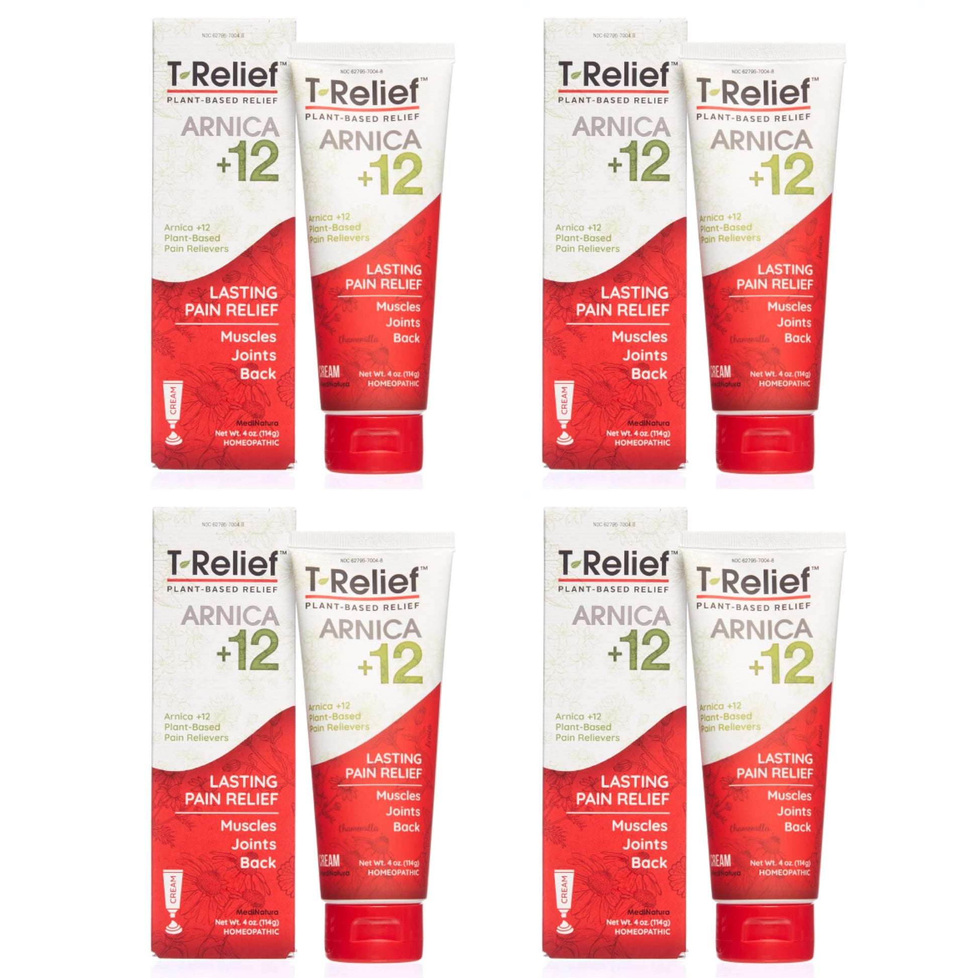 T-Relief Arnica +12 Cream Natural Relieving Actives for Back Pain Joint Soreness Muscle Aches & Stiffness, Whole Body Fast Acting Relief for Women & Men - 4 oz (4 Pack) MediNaturaBuy Supplements Australia