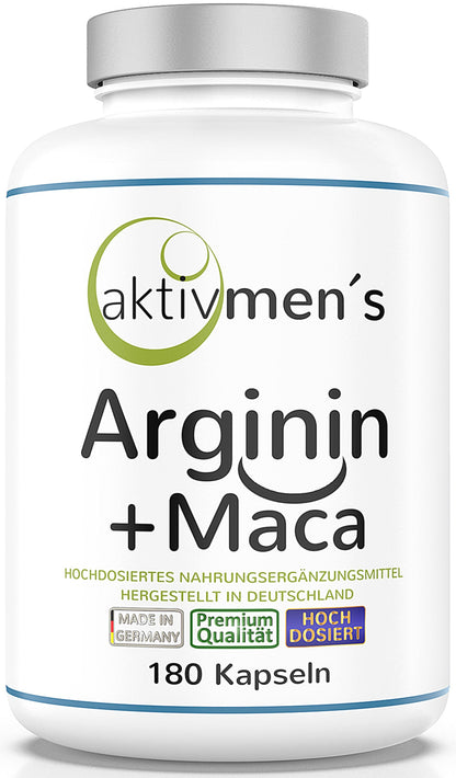 Aktivmen Arginine + Maca High Dose – for Highly Active Men – Tested by Experts – 100% Vegan 180 Capsules, L-Arginine Base 3600 + Maca 6000 (Maca Root Extract 20:1) 1 Tin (1 x 140 g)