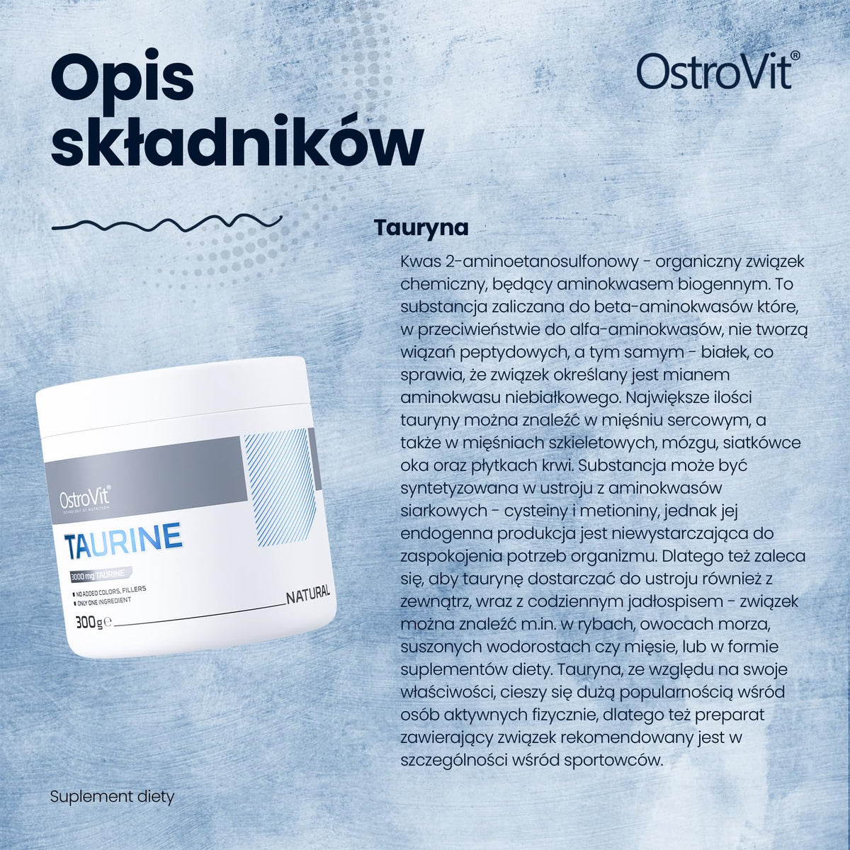 OstroVit Taurine 300 g | 3000 mg Taurine Per Serving | 100 Servings | Pure Taurine Powder | No Additives | Dietary Supplement for Athletes
