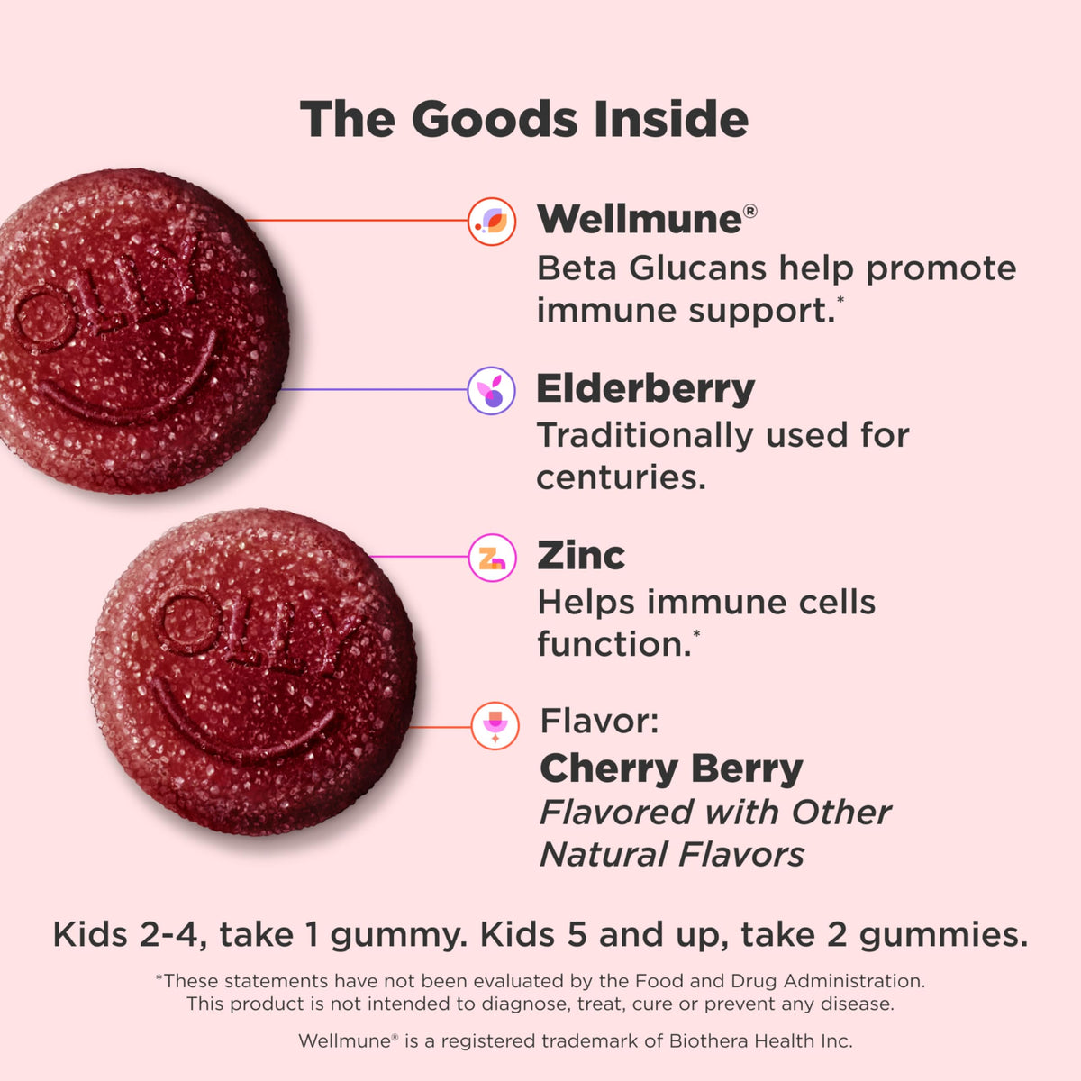 OLLY Kids Immunity Gummy, Immune Support, Wellmune, Elderberry, Vitamin C, Zinc, Chewable Supplement, Cherry - 50 Count