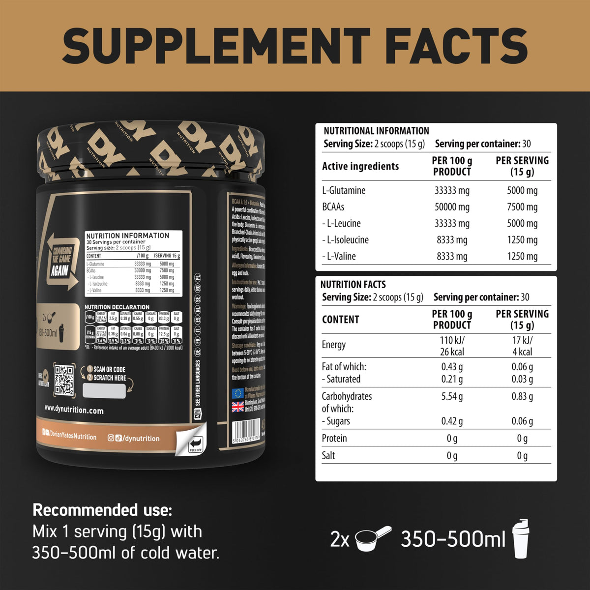 DY Nutrition Hit BCAA 4:1:1 + Glutamine (450g) Peach Amino Acids Amino Acid Mix