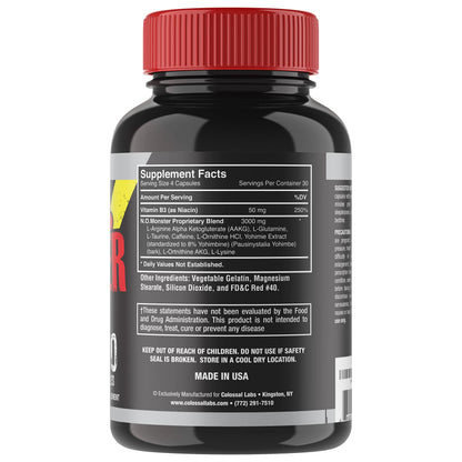Colossal Labs Nitric Oxide Booster with L-Arginine, Extreme Pumps to Build Strength and Muscle, Pre-Workout, 120 Capsules per Bottle