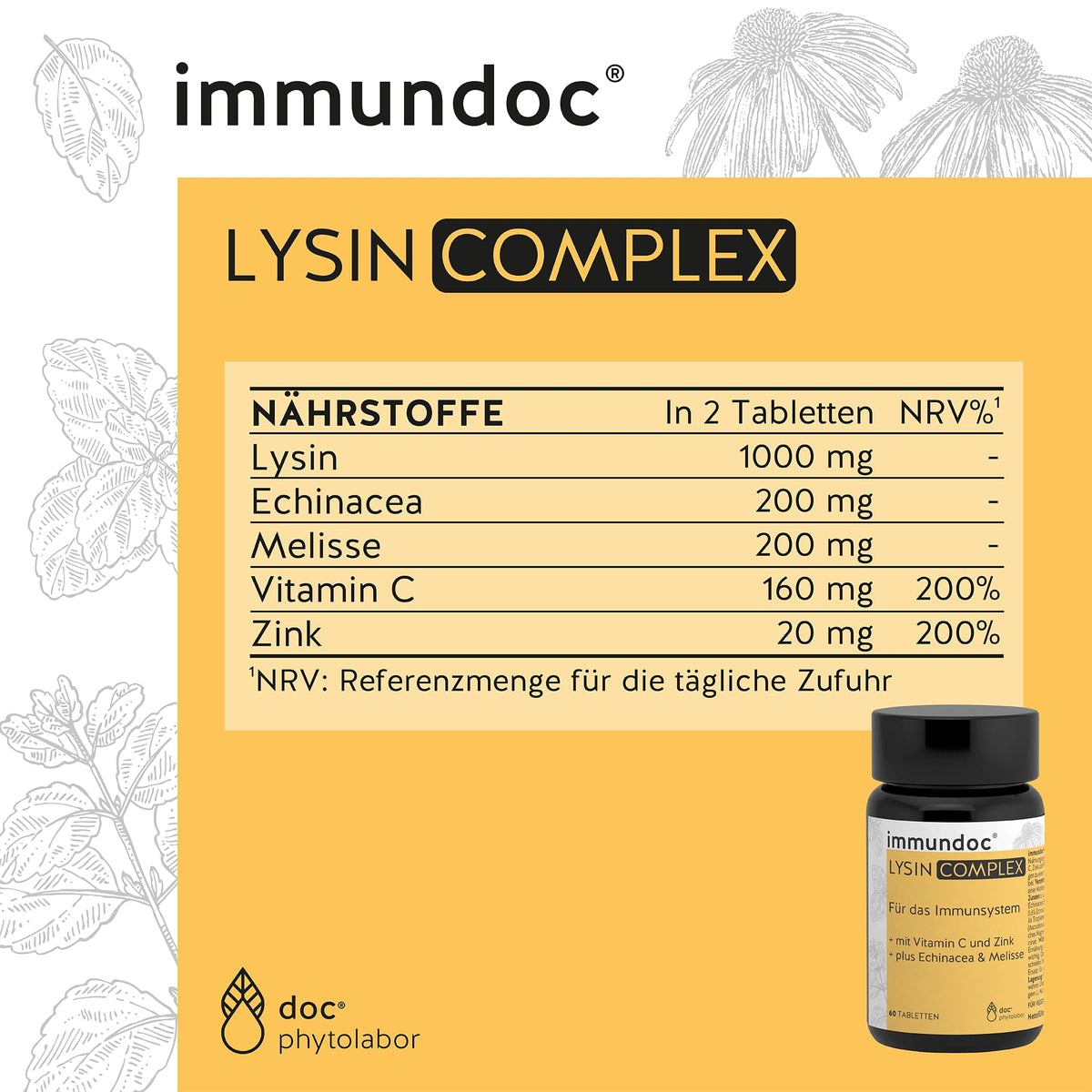 immundoc LYSIN COMPLEX, L-Lysine Tablets, Pack of 60, with 1000 mg L-Lysine per Daily Dose, with Vitamin C, Zinc and Plant Extracts, Gluten-Free and Lactose Free