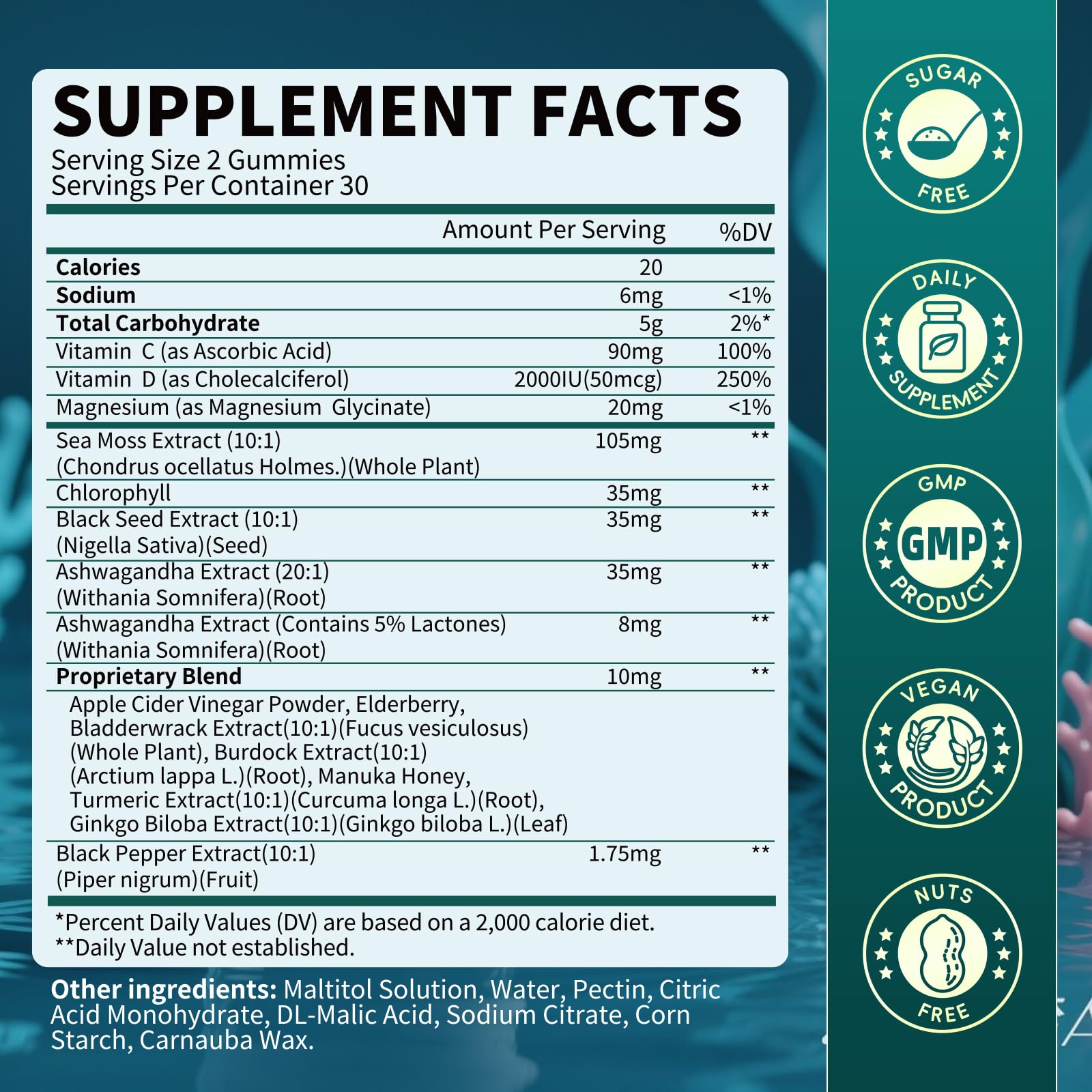 Sea Moss Gummies with Ashwagandha & Chlorophyll, Immune, Digestive and Gut Detox Support, Powered by Black Seed Oil, Vitamin C, Vitamin D & Magnesium, GMO, Vegan, Apple Flavor, 60 SeaMoss Gummies B BEWORTHSBuy Supplements Australia