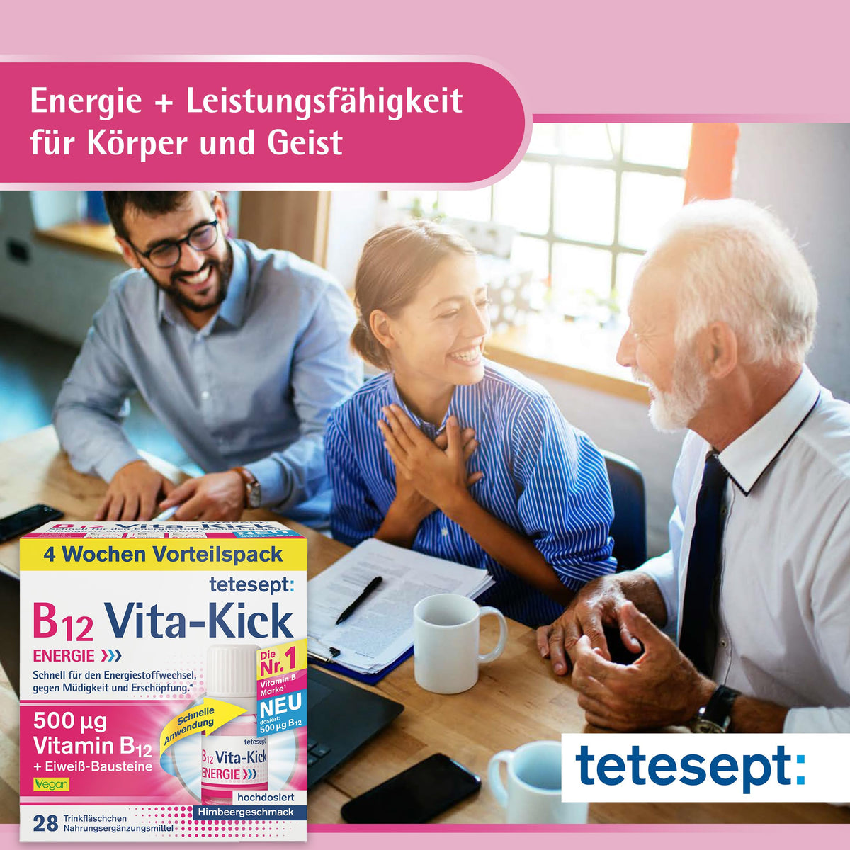 Tetesept B12 Vita-Kick Drinking Pads - Nutritional Supplements for Fast Energy & Performance - Vitamin B12 Ampoules with Protein Building Blocks - Monthly Pack à 28 Drinking Walls