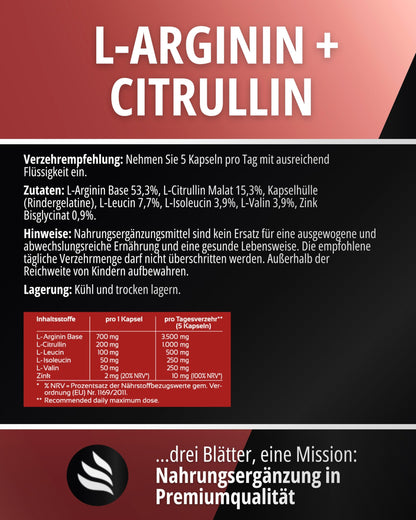 BIOMENTA L-Arginine Base + Citrulline + BCAA + Zinc I 150 Capsules with 1100 mg Amino Acids per Unit I Pre Workout Dietary Supplement without Additives I Laboratory Tested Quality