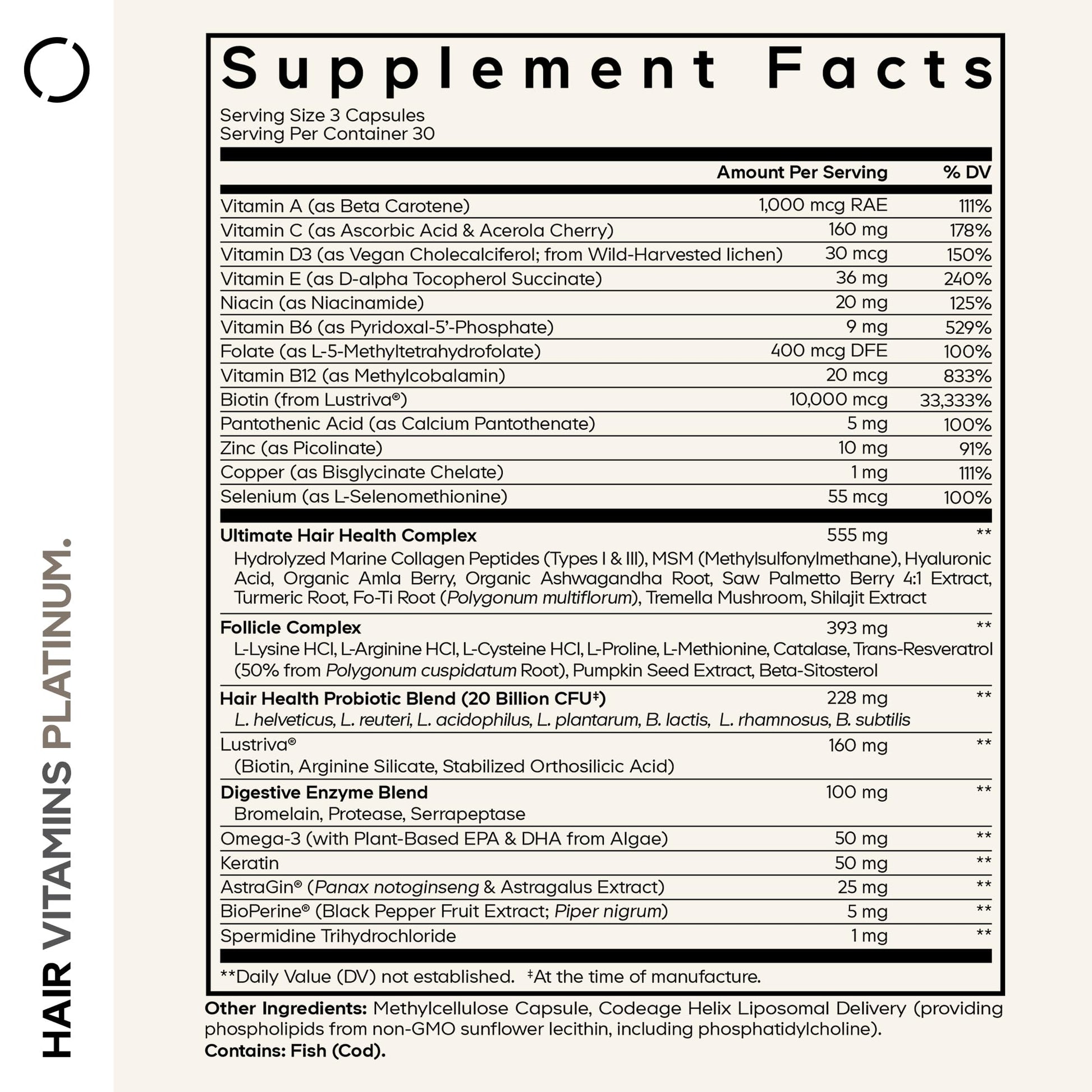 Codeage Hair Vitamins Platinum - Lustriva Hair Growth Support, Spermidine, AstraGin, Biotin, Keratin, Collagen, Enzymes, Omega-3, Multivitamins, Probiotics – Healthy Hair Supplement - 90 Capsules CodeageBuy Supplements Australia