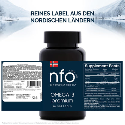NFO OMEGA 3 PREMIUM [90 Kapseln] Hochdosiertes Fischöl mit hohen Konzentrationen an EPA & DHA in Triglyceridform mit Vitamin E Natürlicher Komplex aus Fettsäuren aus Wildfisch, Hergestellt in Finnland