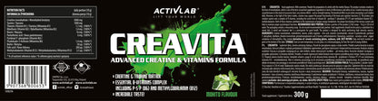 Activlab Creatine Powder - 3 g per serving - Creatine Monohydrate with Taurine, Vitamin B6 and B12-300 g - 30 Servings - Creavita - Mojito