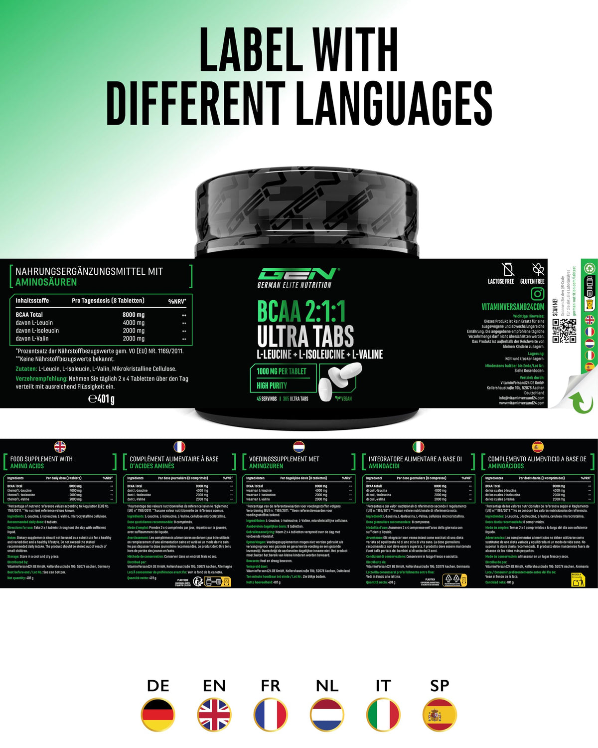 Buy ​Gen German Elite Nutrition BCAA 2:1:1 Ultra Tabs - 365 Tablets | 1100 mg per capsule, 365 tablets per 1000 mg BCAA content per tablet, optimal 2:1:1 ratio, vegan - OmniHealthRx Usa supplements