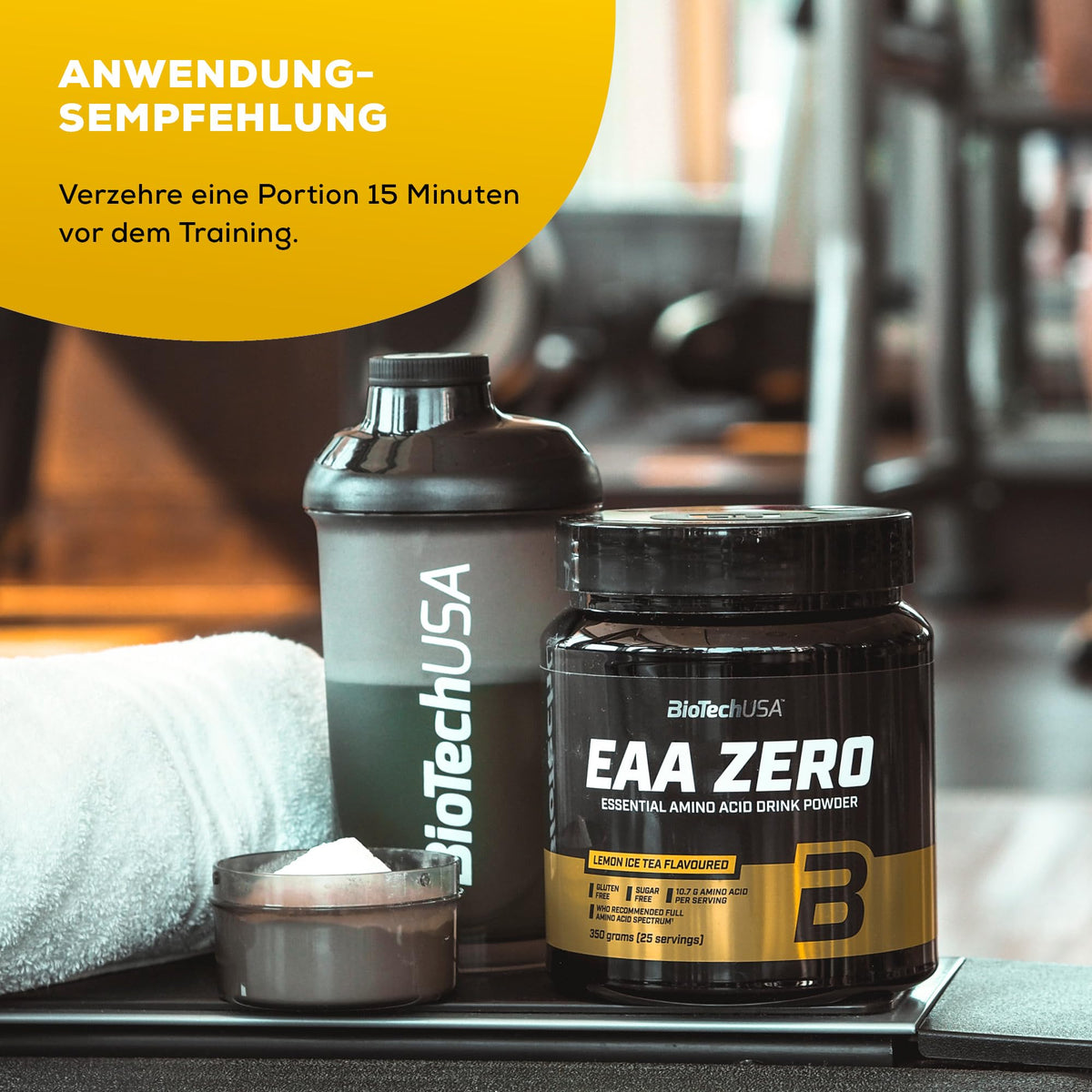 BioTechUSA EAA Zero, 9 Essential Amino Acids with L-Glutamine | Formulated according to WHO recommendation | Sugar and gluten free | Beverage powder | 350g Lemon Iced Tea