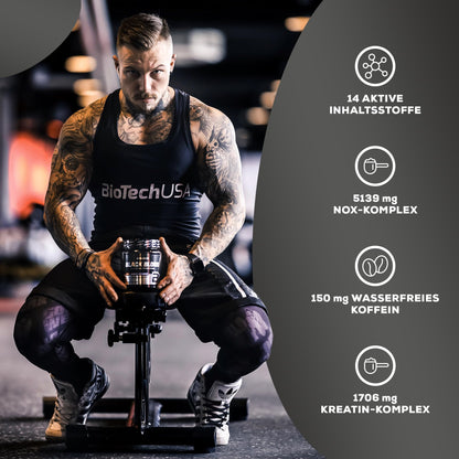 BioTechUSA Black Blood NOX+ | Pre-Workout Formula with Caffeine | With Citrulline, Arginine & Beta-Alanine NOX Complex | With Creatine Complex | Sugar Free | 12 Ounce, Blueberry Lime