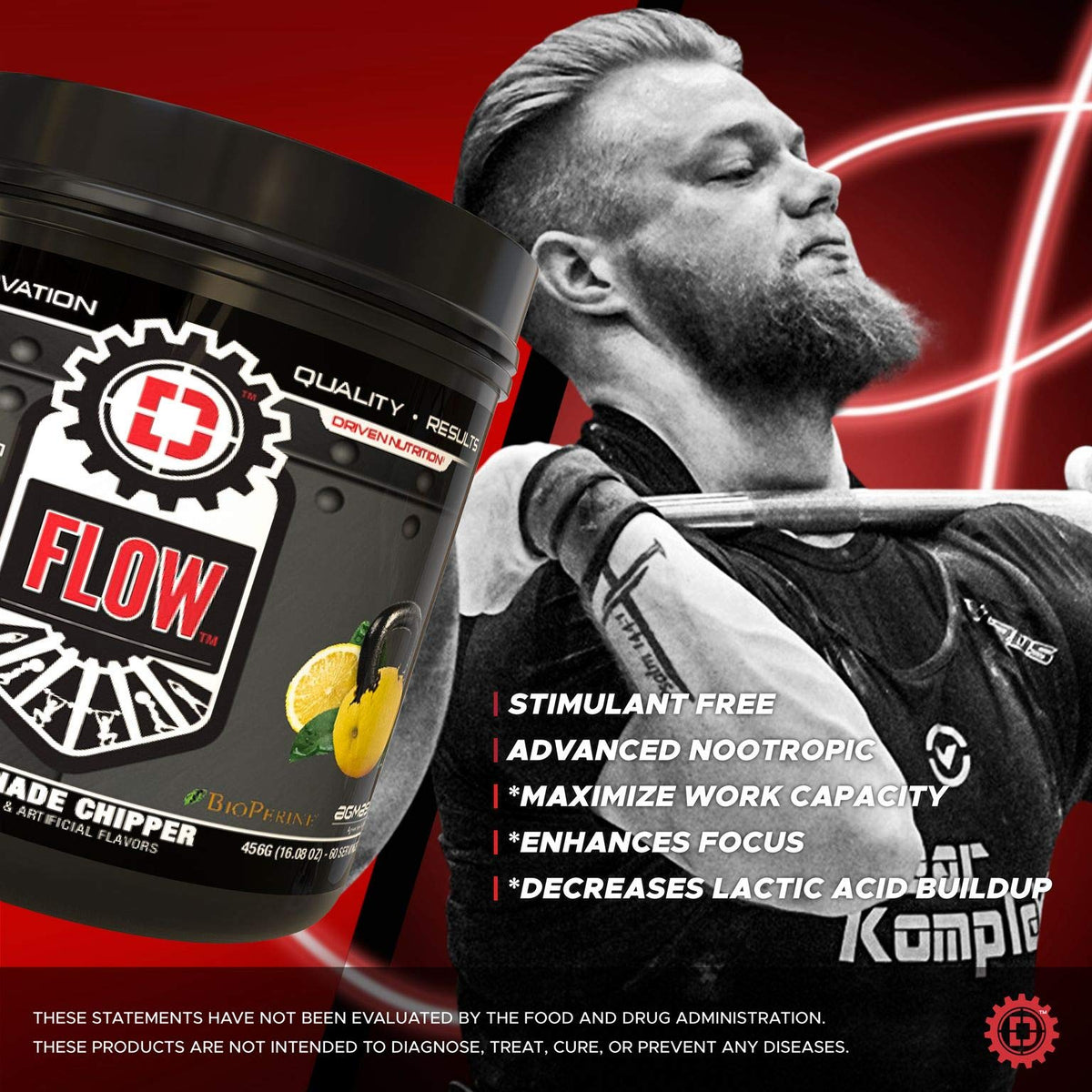 Driven Nutrition Flow - Cognitive Nitric Oxide Nootropic - Endurance & Energy - Increase Focus, Athletic Performance, Muscle Mass - Vitamin B12 & Electrolytes - Lemonade Chipper, 60 Servings